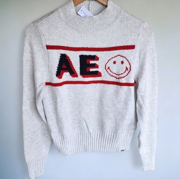 Ae | Smiley Collab Mock Neck Graphic Knit Sweater Gray Womens Small S Gray - Picture 2 of 8